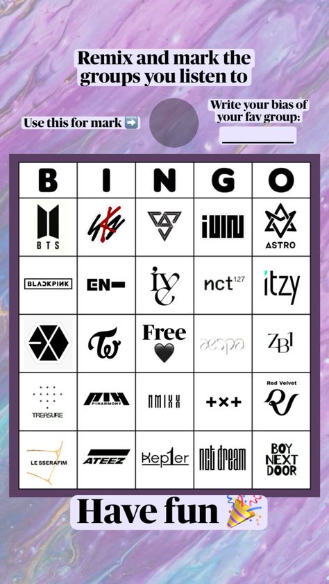 Enjoy it! 💖#bingo #kpop #fyp #game #havefun #bingochallenge Kpop Games Templates, Song Bingo Template, Kpop Bingo, Genshin Kin Bingo, Danganronpa Bingo Kin, Kpop Games, Birthday Kpop, Zingo Bingo Game, Pop Game