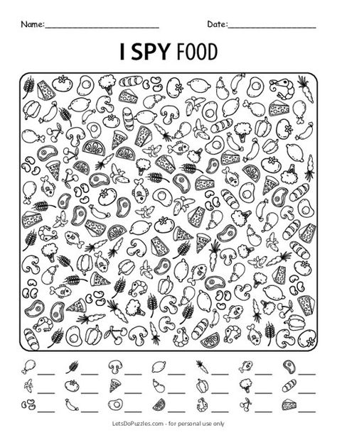 Free Printable I Spy Food Worksheet Montessori, I Spy Pictures, Cryptograms Free Printable, I Spy Worksheets For Kids, I Spy Printables For Kids Free, I Spy Activities, Abc Projects, I Spy Worksheets, Food Worksheet