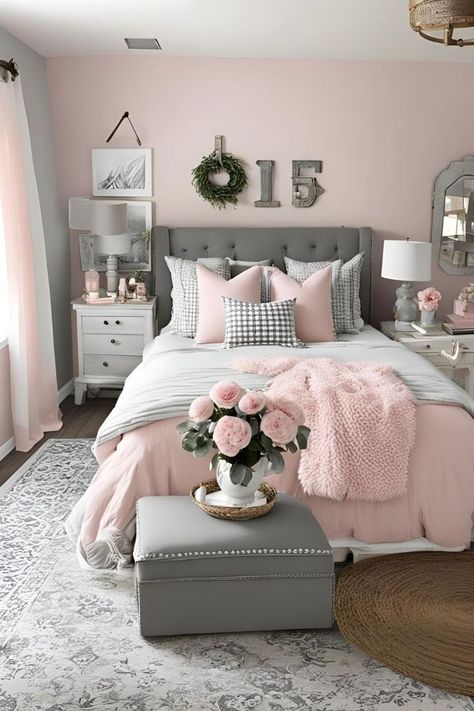 Gray And Pink Room Decor, Bedroom Inspo Pink And Grey, Gray And Light Pink Bedroom, Light Gray And Pink Bedroom, Gray Pink And White Bedroom, Grey And Blush Bedroom Ideas, Grey White And Pink Bedroom, Gray And Blush Bedroom Ideas, Pink And Gray Bedroom Ideas