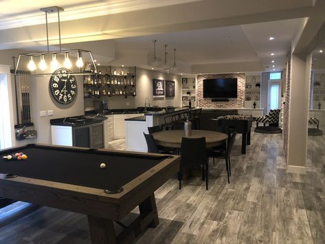 Basement bar, basement pool table, black and white basement, basement game room Basement Pool Table, Basement Games, Basement Inspiration, Game Room Basement, Man Cave Basement, Bar Basement, Man Cave Home Bar, Basement House, Basement Makeover