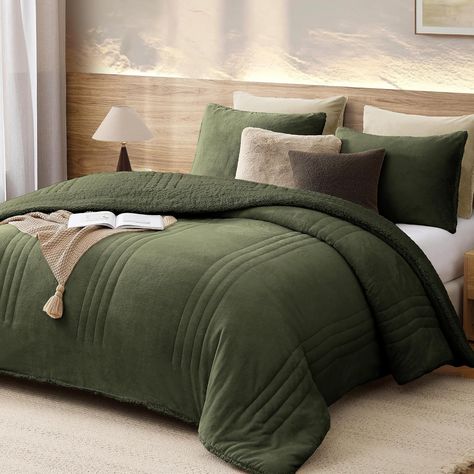 Monbix Fluffy King Comforter Set – 3 Piece Cozy Sherpa Comforter King Size Olive Green, Winter Warm Fleece Bedding Set, Winter Fuzzy Bed Set, 1 Comforter... Green Bedroom Comforter Ideas, Olive Green Bedroom Decor Ideas, Green King Bed, Full Size Bedding Ideas, Green And Gray Bedding, Forest Green Bedding, Green And Gray Bedroom, Olive Green Home Decor, Green Comforter Bedroom