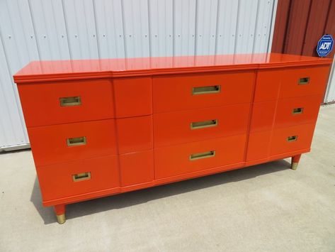 Check out this item from 1stdibs! Magnificent Hermes Orange Widdicomb Credenza Asian Brass Mid-Century Modern: https://www.1stdibs.com/id-f_34417912 Orange Lacquer, Long Dresser, Orange Salmon, Hermes Orange, Dresser Furniture, Decorative Ideas, Design Salon, Deco Luminaire, Brass Wood