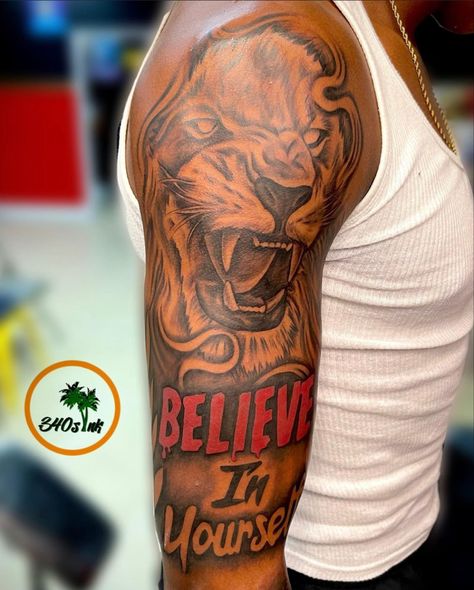 Arm Sleeve Tattoos For Black Guys, Mens Deltoid Tattoo, Shoulder Tattoo For Men Meaningful, Men Tattoos Black Guys, Top Of Shoulder Tattoo Men Ideas, Half Sleeve Tattoos For Black Guys, Believe In Yourself Tattoo Men, Shoulder Tattoo Stencil Men, Tattoo Ideas For Men Sleeve Meaningful