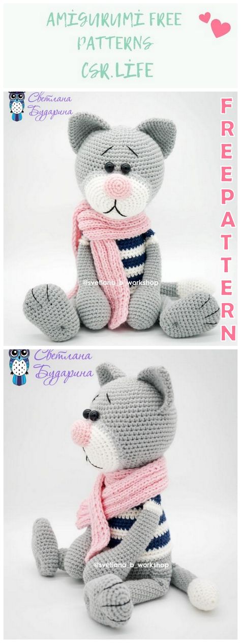 Cat Amigurumi Free Pattern Kitty, Cat Free Crochet Pattern, Crochet Pattern Cat, Cute Cat Pattern, Chat Crochet, Free Amigurumi Crochet Patterns, Crochet Toys Free, Crochet Cat Pattern, Knitted Cat