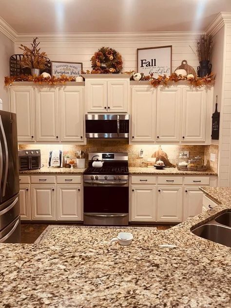 Fall Decor Over Kitchen Cabinets, Pumpkins Above Cabinets, Fall Decor Ideas Above Kitchen Cabinets, Fall Above Cabinet Decor Kitchen, Fall Decor Top Of Kitchen Cabinets, Bloxburg House Ideas Kitchen Fall, Top Of Kitchen Cabinet Decor Apartment, Upper Cabinet Fall Decor, Halloween Decor Above Cabinets