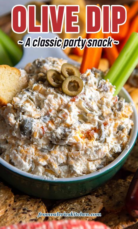 This creamy Olive Dip with pimento stuffed green olives and cheddar cheese is a classic party appetizer that packs big flavor! This easy, make-ahead dip is delicious served with crackers, sliced baguette, and veggies. Olive Dressing Recipe, Green Olive Dip, Olive Dip Recipe, Cold Party Appetizers, Olive Snack, Baked Olives, Olive Appetizer, Cold Dip Recipes, Olive Dip