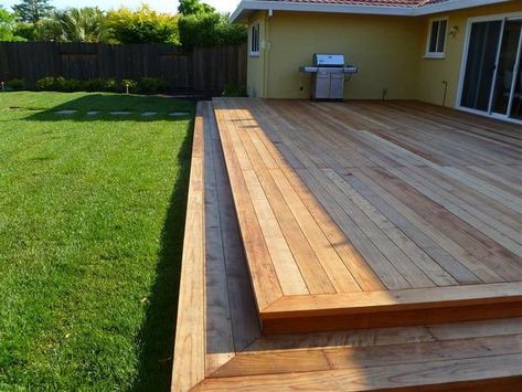 Low deck with two steps. I love how this is simple, level and runs nearly the length of the house. SO much room for entertaining! Concrete Slab Patio, Wooden Deck Designs, Platform Deck, Corner Pergola, Backyard Patio Deck, Low Deck, Patio Deck Designs, Wooden Deck, Pergola Ideas