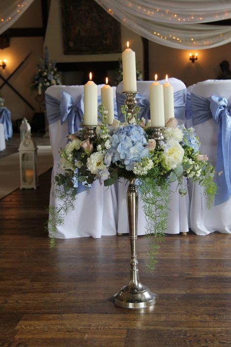 Candleabras Centerpiece, Simple Barn Wedding, Candleabra Wedding, Blue Blush Wedding, Barn Wedding Ceremony, Wedding Decorations Diy Centerpiece, Candelabra Flowers, Wedding Reveal, Daisy Decorations