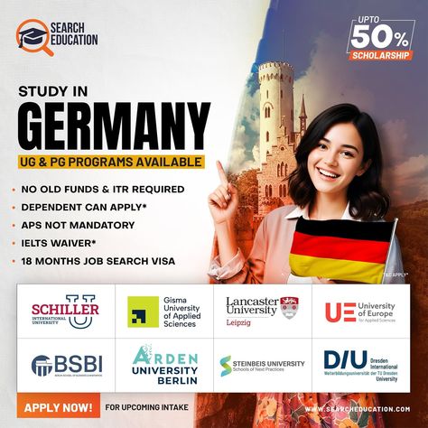 Study in Germany: Your Gateway to World-Class Education! 🇩🇪🎓 Get Up to 50% scholarship, NO ITR Required, 18-month job search visa. IELTS Wavier, Your future starts here! Apply now for 2024 Intake! 📞Chandigarh: +91 798 247 0583 📞Delhi: +91 798 246 7300 #studyingermany #studyabroad #studyincanada #studyinuk #studyinaustralia #studyinusa #germany #studyineurope #studyoverseas #overseaseducation #studyinnewzealand #study #ielts #education #highereducation #studyvisa #studentvisa #studyabroadli... Study In Germany, Lancaster University, Study In New Zealand, International University, Overseas Education, Learn German, Educational Consultant, Applied Science, International Students