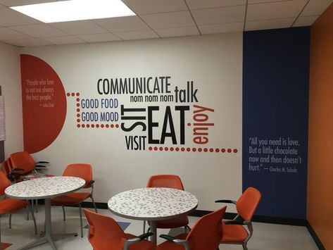 Wall Branding Ideas, Office Wall Branding, Office Cafeteria Design, Break Room Decor, Office Kitchenette, Wall Branding, Canteen Design, Office Wall Graphics, Cafeteria Design