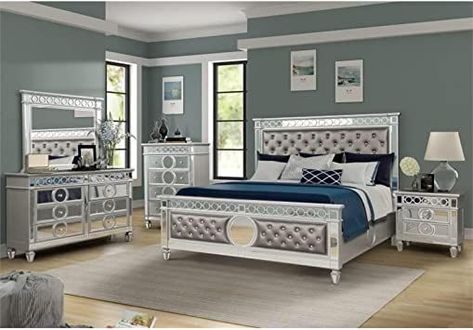 Galaxy Home Symphony Mirror Front Solid Wood King Size Bed in Silver 5 Piece Bedroom Set, Silver Bedroom, Queen Sized Bedroom, Upholstered Bedroom, Clear Mirror, Hampton House, King Bedroom Sets, Bedroom Sets Queen, Linear Design