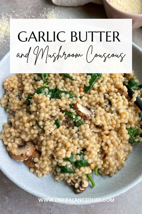 This Garlic Butter and Mushroom Couscous is creamy and delicious! Top it with any protein or serve as a side. Essen, Couscous, Mushroom And Pearl Couscous Soup, Garlic Couscous, Mushroom Couscous, Pearl Couscous Recipes, Barley Recipes, Balanced Dinner, Apartment Meals