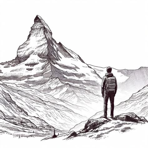 Mountain Ink Drawing, Mountain Sketch Landscapes, Mountain Drawing Sketches, Matterhorn Tattoo, Hiking Sketch, Discover Drawing, Drawing White On Black, Hiking Drawing, Mountain Range Drawing