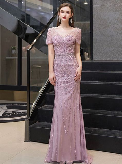 Dress Brokat Modern, Short Sleeve Prom Dresses, Sequins Prom Dress, V And Jin, Cap Sleeve Prom Dress, Chinese Fancy Dress, Dress Pesta, Prom Dresses With Pockets, Dress With Shawl