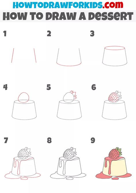 How to Draw a Dessert - Easy Drawing Tutorial For Kids Dessert Drawing Tutorial, Dessert Doodles Drawing, How To Draw A Cookie Step By Step, How To Draw A Strawberry Step By Step, Easy Food Sketches, How To Draw A Macaron, Food Drawing Easy Step By Step, How To Draw Frosting, How To Draw A Sandwich