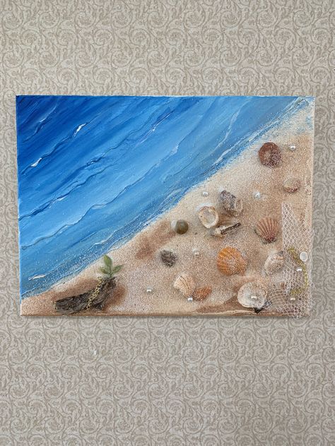 Sea shells, sand and acrylic mix media by Rita by Margarita  $50 Art Ideas With Sea Shells, Seashells On Canvas Shell Art, Sea Shells Painting On Canvas, Beach Theme Canvas Painting, Beach Painting With Shells, Shells On Canvas Diy, Canvas Sea Painting, Painting Inspiration Acrylic, Shells On Canvas