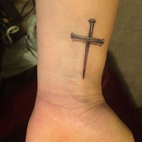 Cross With Nails Tattoo, Cross Of Nails Tattoo, 3 Nails Cross Tattoo, Small Religious Tattoos, Nail Cross Tattoo, Christian Wrist Tattoos, Tattoos On Wrist, Cross Tattoo On Wrist, Tatuagem Masculina Pequena