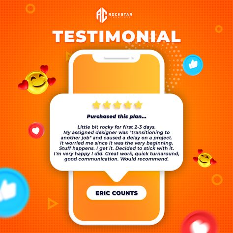 There are times that things don't go as planned but that doesn’t mean it will not turn out great! 💪 Because as Eric Counts has experienced, it still did! And guess what, he never regretted sticking with the Rockstar Creatives team! 😍😍 Thank you for the trust, Eric! Good luck launching your business to the world! 🚀 Review Creative Ads, Testimonial Creative Ads, Thank You Poster Design, Google Reviews Design Ideas, Feedback Design Ideas, Review Post Design, Review Design Social Media, Testimony Design, Testimonial Design