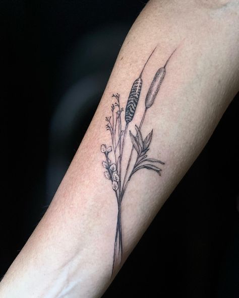 Cat Tails Plant Tattoo, Cat Tails Tattoo, Cat Tail Tattoo Plant, Cat Tail Plant Tattoo, Hay Tattoo Ideas, Cattails Tattoo, Cat Tails Plant, Cat Tail Tattoo, Cattail Tattoo