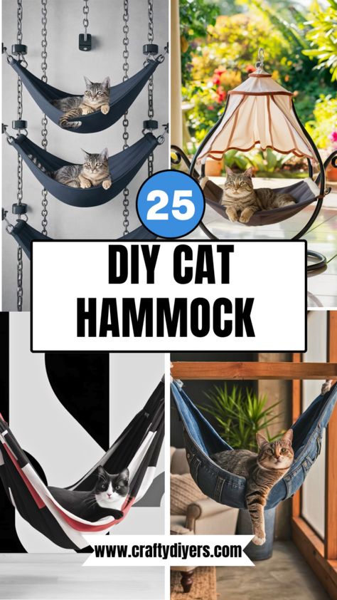 Outdoor Cat Hammock Diy, Furniture For Cats Diy, Kitty Hammock Diy, Cat Diy House, Catify Bedroom, Cattery Ideas Cat Room Diy, Diy Cat Stand, Sewing For Cats Diy Projects, Cardboard Cat House Diy Easy