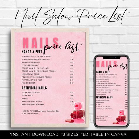 Nail Price List: Instant Download, Editable Template for Salon. Pedicure, Manicure Pricing. Beauty & Nail Salon Price Sheet. Boost Business. Pedicure Price List, Nail Price List, Nail Salon Price List, Nail Salon Prices, Classic Manicure, Beauty Nail Salon, Salon Price List, Business Nails, Home Nail Salon