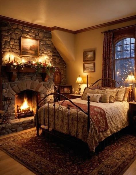 Cozy Cabin Bedrooms, Built In Around Fireplace, Cozy Bedroom Ideas, Plush Bedding, Cottage Interiors, Dreamy Bedrooms, House Beautiful, Boho Living, Rustic Bedroom