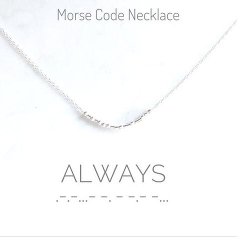 Morse code necklaces that spells out always in dots and dashes Morse Code Words, Code Bracelets, Code Morse, Shiny Bracelets, Morse Code Necklace, Layering Jewelry, Jewellery Pouch, 16 Inch Necklace, Rose Gold Beads