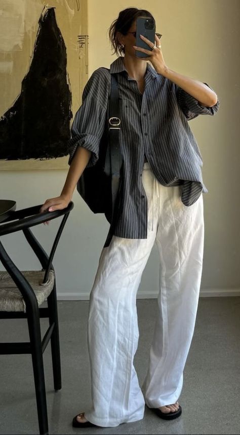 City Looks Outfit Summer, Big Dress Shirt Outfit Women, Loose Fitting Work Outfits, Cotton White Pants Outfit, Modest Fashion Hot Weather, Evening Street Style, White Satin Shirt Outfit Jeans, French Artist Outfit, Comfy But Classy Outfits