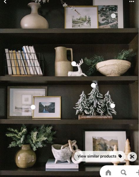 Winter Post Christmas Decor, Shelf Decoration Living Room, Winter Shelf Styling, Cabin Shelf Decor Ideas, Xmas Shelf Decorations, Christmas Bookcase Styling, Decorate Shelf For Christmas, Dark Shelf Styling, Living Room Shelf Christmas Decor