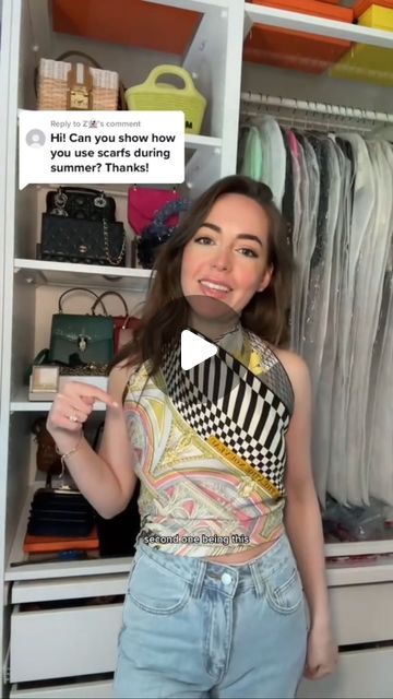 Abigail Goodman on Instagram: "Let’s tie an Hermès scarf as a top. And not just 1 way, but 3 ways and we will use 4 Hermès scarves to do it. Here’s the thing about scarves as tops, I don’t want to feel like I’m wearing a scarf as a top, so these are 3 ways where it looks like your 90cm Hermès scarf (or any scarf) is actually a beautiful silk top. This can also be done with a 140cm too! Today I am using the Hermès “Brides de Gala Wash” scarf, Hermès “Grand Theatre Nouveau”, Hermès “Cavalcadour” and Hermès “Le Mors a La Conetable”. #silkscarf #scarftutorial #hermes #hermesscarftutorial" Hermes 140 Scarf Outfit, Hermes Scarf Top, Hermes Scarf How To Wear, Scarves As Tops, Hermes Scarf Tying, Hermes Scarf Outfit, Scarf As A Top, Scarf Video, Silk Scarf Top