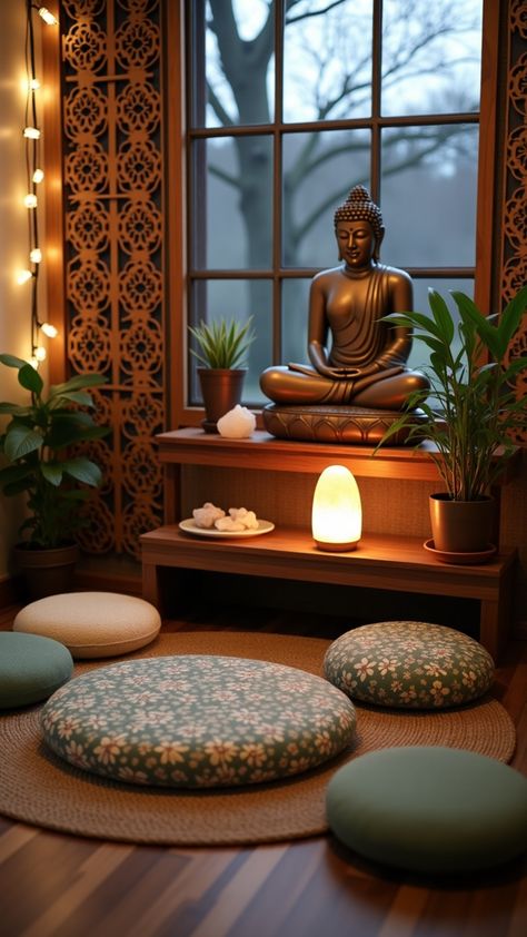 Mix minimalist zen with boho charm! Add crystals, essential oil diffusers, and serene art pieces like Buddha statues or bonsai trees for a balanced, clutter-free aesthetic.   #ZenRoomDecor #BohoZenStyle #HealingRoomIdeas #ZenSpaces #BohemianVibes Zen Temple Interior, Zen Room With Plants, Meditation Living Room Ideas, Zen Table Decor, Zen Room Aesthetic, Boho Zen Room, Zen Corner Ideas, Zen Style Living Room, Mindset Images