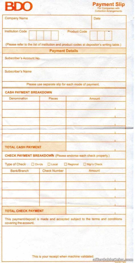 BDO Payment Slip (Sample) 30759; Information about BDO Payment Slip (Sample) at affordableCebu 30759. Bank Deposit Slip, Deposit Slip, Bank Deposit, Company Names, Coding, Let It Be, Quick Saves