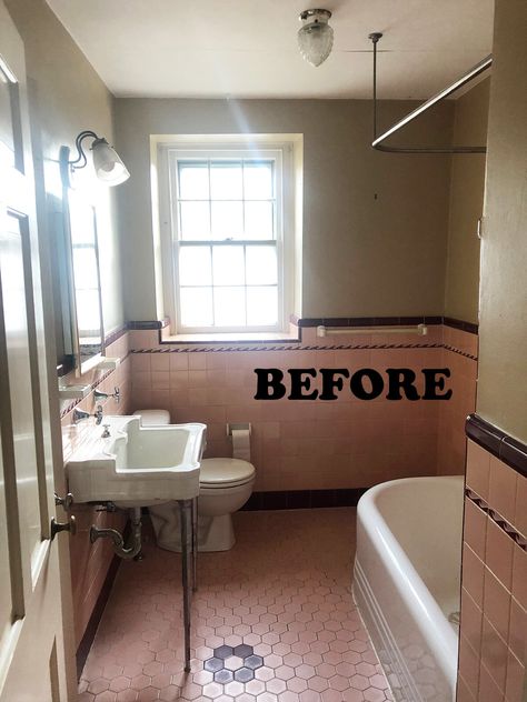 1920s Pink Bathroom, Adding Color To Bathroom, Old Pink Bathroom Makeover, Old Pink Tile Bathroom Ideas Vintage, 50s Pink Tile Bathroom, Pink And Blue Vintage Bathroom, Peach Tile Bathroom Color Schemes, Pink And Maroon Bathroom, Vintage Pink Bathroom Update