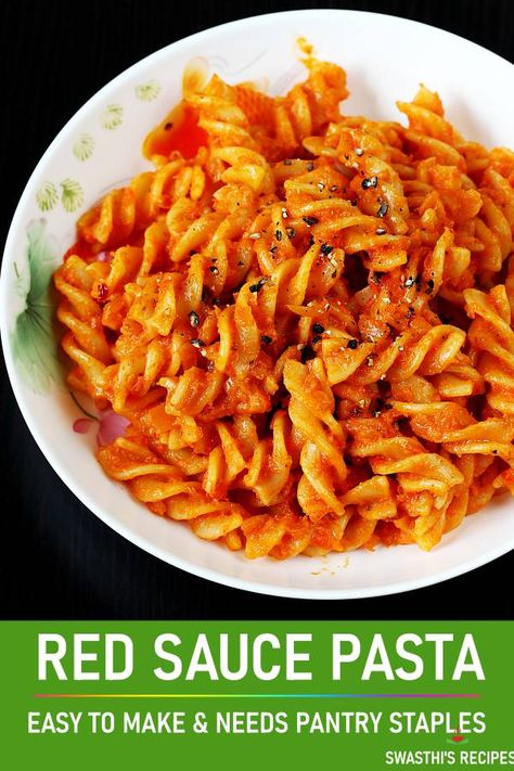 Easy red sauce pasta that is vegan, delicious and super quick to make. If you love quick meals, then give this a try! Needs just pantry staples! #pasta #vegan #redsaucepasta via @swasthi Easy Red Sauce Pasta, Easy Red Sauce, Red Sauce Pasta Recipe, Red Sauce Recipe, Red Pasta, Vegetarian Recipes Videos, Indian Vegan, Noodles Recipes, Red Sauce Pasta