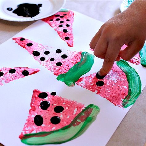 Summer and watermelon go hand in hand. For your preschool watermelon theme create watermelon art! Fruit Art Ideas, Art Ideas For Preschoolers, Watermelon Activities, Summer Crafts For Toddlers, Summer Preschool Crafts, June Crafts, Watermelon Crafts, Ideas For Preschoolers, Fingerprint Crafts