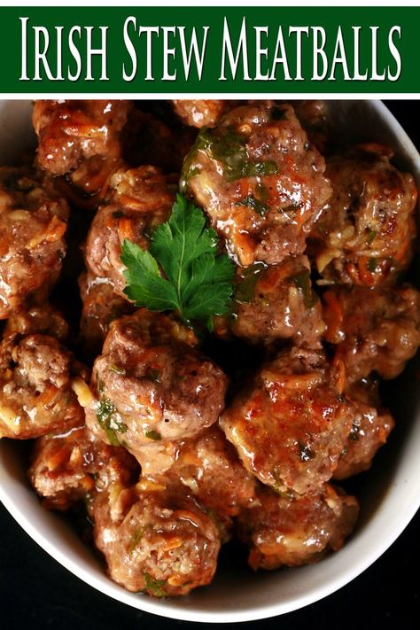 A serving bowl of Irish Stew Meatballs, in a beef gravy. Irish Meatballs St. Patrick's Day, Crockpot Irish Recipes, Irish Meatballs, Irish Dinner Recipes, Irish Meals, Easy Irish Recipes, Baked Brisket, St Patricks Food, Mince Dishes