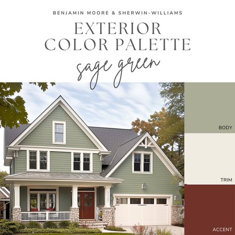 Elevate your home's exterior with our Sage Green Exterior Color Palette - an expertly curated collection of paint colors that can make your home the envy of the block! Delivered as a convenient digital download, this guide features handpicked Benjamin Moore and Sherwin-Williams paint colors, complete with names and codes, making it easy to achieve beautiful results, without the overwhelming trips to the paint store or endless online searches. Plus, you'll get insider tips for using the palette, Color Palette Sage Green, Sage Green House Exterior, Exterior Paint Color Palette, Sage Green House, Green Exterior Paints, Green Exterior House Colors, Sage House, Green House Exterior, Green Siding