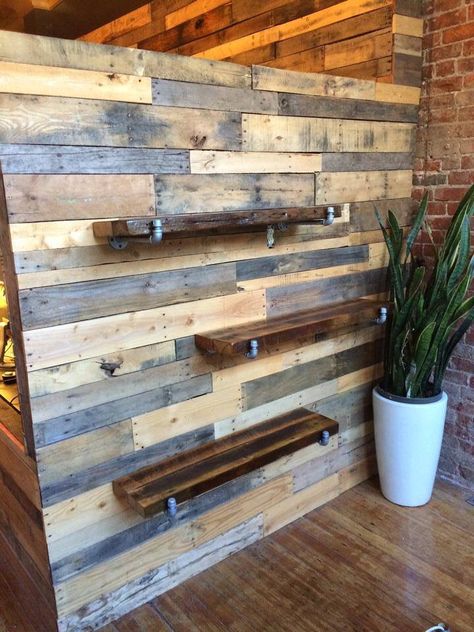 Wood Pallet Wall, Bar Shelf, Deco Studio, Wood Accent Wall, Plank Walls, Fall Bedroom, Pallet Wall, Red River, Into The Woods