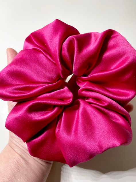 XL pink satin scrunchie. Gentle on your hair, wraps easily around at least twice. Prevents damage, dplit ends. Pink Satin Scrunchie, Satin Roses, Hair Wraps, Pink Satin, Scrunchies, Hot Pink, Hair Accessories, Satin, Elastic