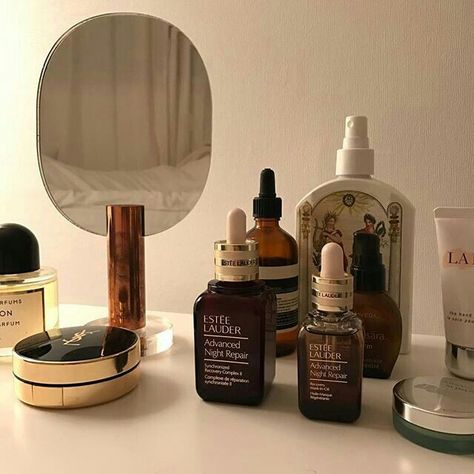 Beauty Shelf, Beauty Desk, Stand Mirror, Advanced Night Repair, Beauty Storage, Beauty Skin Care Routine, A Mirror, Skin Care Products, Estee Lauder