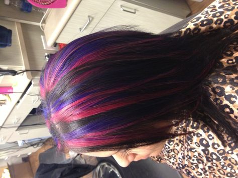 Pink and purple! Black Hair With Red And Purple Highlights, Black Hair With Pink And Purple Streaks, Blue And Pink Highlights In Black Hair, Dark Purple Hair With Pink Highlights, Black Purple Pink Hair, Purple Pink And Black Hair, Pink And Purple Skunk Stripe Hair, Purple Hair With Pink Highlights, Blue And Pink Highlights