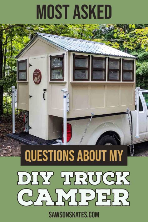 I'm answering the most-asked questions about my DIY truck camper! Diy Truck Camper, Truck Bed Date, Homemade Camper, Camper Diy, Small Pickups, Diy Camper Trailer, Truck Bed Camping, Pickup Camper, Truck Bed Camper