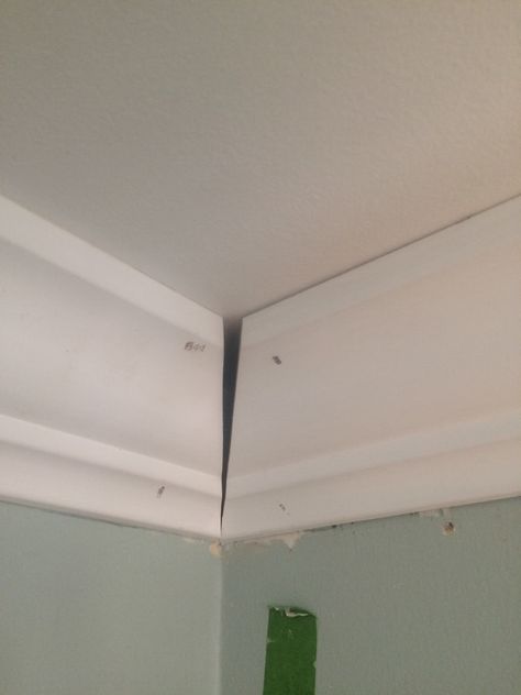 Cut Crown Molding, Crown Molding Installation, Diy Crown Molding, Molding Ceiling, Diy Trim, Slanted Ceiling, Diy Crown, Remodeling Mobile Homes, Crown Moulding