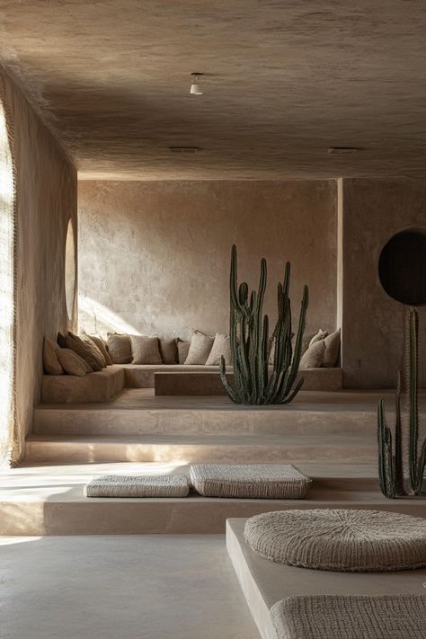 55 Desert Modernism Lounges: Polished Concrete Floors - TastyInteriors Nomadic Interior Design, Concrete Seating Indoor, Mexican Brutalism Interior, Desert Modernism Aesthetic, Cement House Interior Design, 70s Desert Aesthetic Home, Desert Modernism Interior Design, Desert Inspired Interior Design, Desert House Interior Design