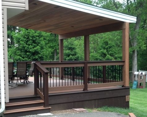 Roof Covered Structure Photos - Mercury Decks Tin Roof Covered Deck, Add Cover To Existing Deck, Partially Covered Deck Ideas, Deck Covering Ideas, Porch Roofs, Covered Deck Ideas, Side Porch Ideas, Covered Deck Designs, Screened Patio