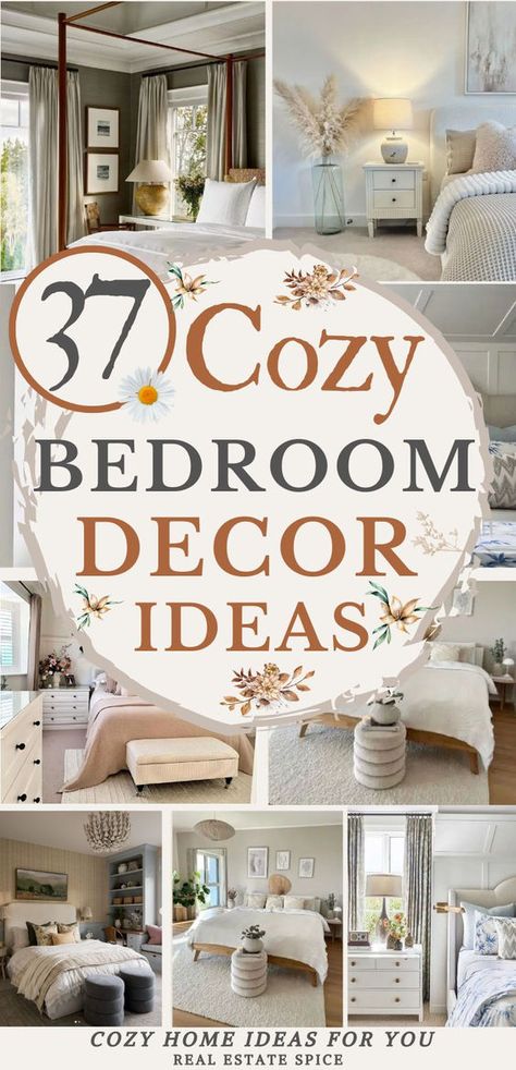 Be inspired and discover how to turn any room, big or small, into a comfy oasis. Whether you're into dark design styles or chic decor, my bedroom ideas show you how to use bedding, throws and nightstands to create a comfy space! You’ll also discover lighting ideas and the best area rugs to add warmth. Turn your bedroom into a cozy haven with relaxing chair options, making it a true oasis. Get tips and design styles and make your room warm and irresistibly comfy! RealEstateSpice.com #CozyBedroom Cozy Bedroom Area Rugs, Bedroom Ideas Chandelier, Pretty Bedding Cozy Bedroom, Calm Bedroom Decor Ideas, Welcoming Bedroom Ideas, Cozy Guest Room Decor, Winter Room Ideas Bedrooms, Cozy Guest Bedroom Ideas Relaxing, Elegant Cozy Bedroom