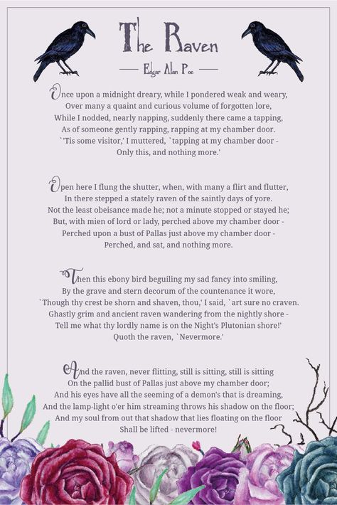 In E. A. Poe’s poem The Raven the narrator reflects on his lost love, and then is visited by a mysterious raven whose only utterance is a snarling “nevermore.” You download the shortened version of The Raven at our blog. #theraven #edgarallanpoe #poetry | countryhillcottage.com The Raven By Edgar Allen Poe, Quote The Raven Nevermore, Edgar Allen Poe Poems The Raven, The Raven Poem Edgar Allan Poe, The Raven Quotes Edgar Allen Poe, The Raven Quotes, Quotes Edgar Allen Poe, Edgar Allen Poe Quotes Love Poems, Nevermore Poem