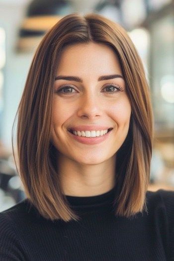 Blunt Lob Haircut. Straightened Lob Haircut, Lob Hair Straight, Lob Haircut Collar Bone Length, Straight Haircut Medium Length, French Long Bob Haircut, Collarbone Length Hair Straight Fine, Professional Bob Hairstyles, Lob For Straight Hair, Textured Lob Haircut Mid Length Straight