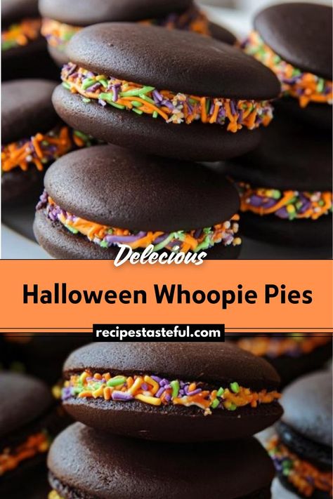 These Halloween Whoopie Pies are a fun and festive treat featuring rich chocolate cookies filled with vibrant orange buttercream. Perfect for Halloween parties or a spooky family dessert, these pies are both delicious and visually appealing. Whoopie Pies Recipe, Whoopee Pie, Whoopie Pie Filling, Whoopie Pie Recipe, Chocolate Whoopie Pies, Orange Buttercream, Family Desserts, Whoopie Pie, Dark Chocolate Cookies