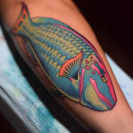 Parrot Fish by Jason Mims: TattooNOW : Parrot Fish Tattoo, Neotraditional Fish Tattoo, Realism Fish Tattoo, Rainbow Trout Tattoo Traditional, Tropical Fish Tattoo Sleeve, Aquatic Tattoo, Trippy Fish Tattoo, Mantis Tattoo, Stingray Tattoo